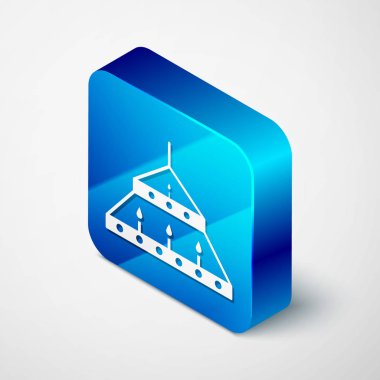 Beyaz arka planda izole edilmiş ortaçağ ikonunda mumları olan Isometric Massive çelik avize. Mavi kare düğme. Vektör İllüstrasyonu