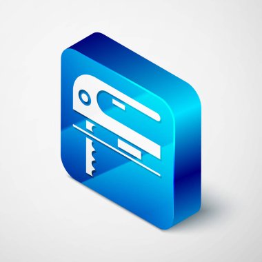 Beyaz arka planda çelik keskin bıçak ikonu olan Isometric Electric yapbozu. Ahşap işçiliği için elektrikli alet. Mavi kare düğme. Vektör İllüstrasyonu