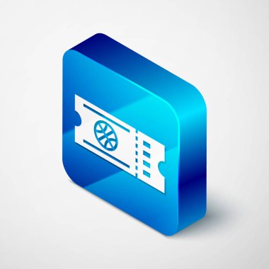 Beyaz arka planda izole edilmiş Isometric basketbol bileti ikonu. Mavi kare düğme. Vektör İllüstrasyonu