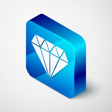 Beyaz arka planda yalıtılmış izometrik elmas simgesi. Mücevher sembolü. Mücevher taşı. Mavi kare düğmesi. Vektör Illustration