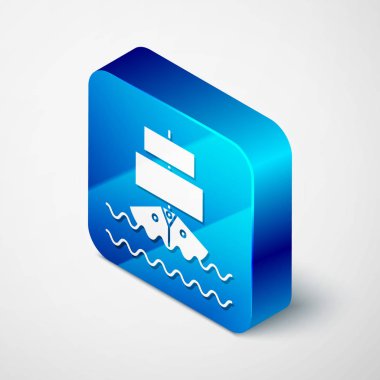 Beyaz arka planda yalıtılmış izometrik gemi simgesi. Mavi kare düğmesi. Vektör Illustration