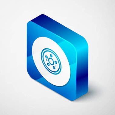 Beyaz arkaplanda Isometric Car fren diski simgesi izole edildi. Mavi kare düğme. Vektör İllüstrasyonu