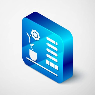 Beyaz arkaplanda Isometric Flower durum simgesi izole edildi. Mavi kare düğme. Vektör İllüstrasyonu