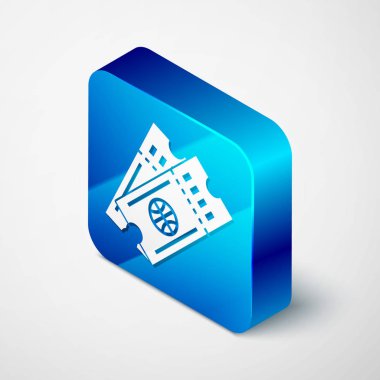 Beyaz arka planda izole edilmiş Isometric basketbol bileti ikonu. Mavi kare düğme. Vektör İllüstrasyonu
