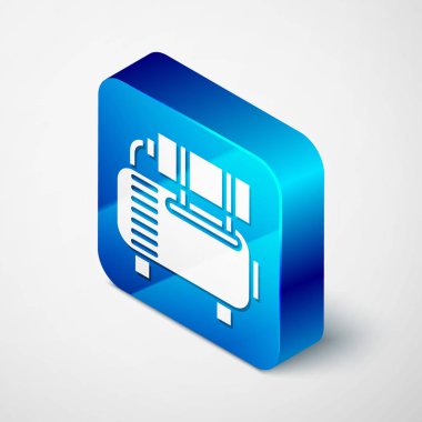 Beyaz arkaplanda Isometric Air kompresör simgesi izole edildi. Mavi kare düğme. Vektör İllüstrasyonu