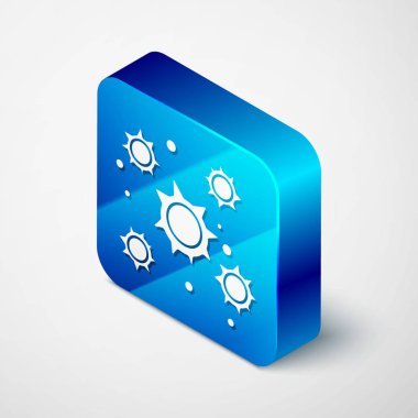 Beyaz arka planda izole edilmiş izometrik bakteriler simgesi. Bakteriler ve mikroplar, mikroorganizma hastalığı neden, hücre kanseri, mikrop, virüs, mantar. Mavi kare düğmesi. Vektör Illustration