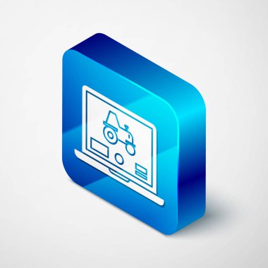 Beyaz arkaplanda izole edilmiş akıllı bir çiftlik ikonu üzerindeki özerk bir traktörü kontrol etmek için Isometric Laptop uygulaması. Akıllı tarım uygulaması. Mavi kare düğme. Vektör İllüstrasyonu