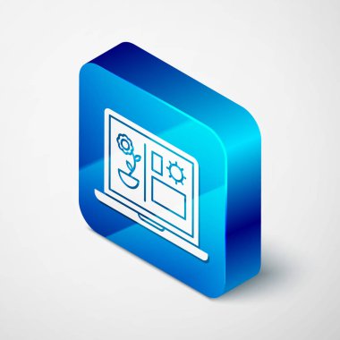 Isometric Smart tarım teknolojisi - tarım otomasyon sistemi simgesi beyaz arka planda izole edildi. Mavi kare düğme. Vektör İllüstrasyonu