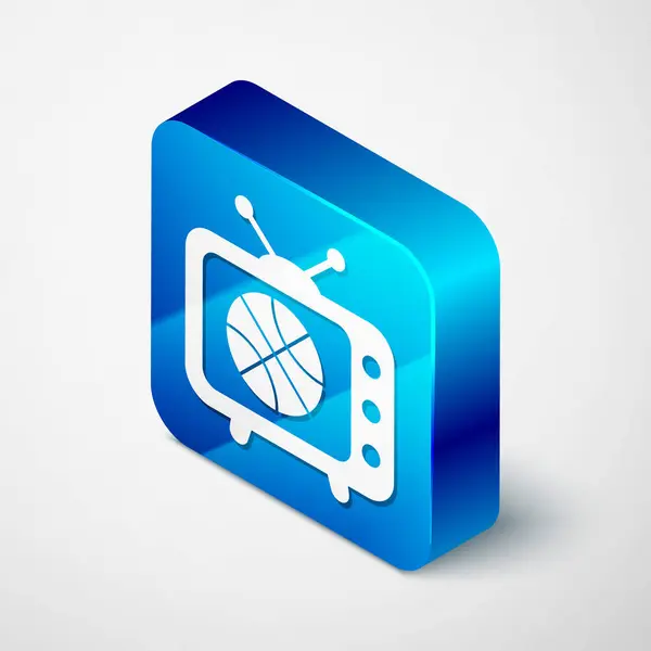 Isometrisches Basketballspiel auf Fernsehprogramm-Symbol auf weißem Hintergrund isoliert. blauer quadratischer Knopf. Vektorillustration — Stockvektor