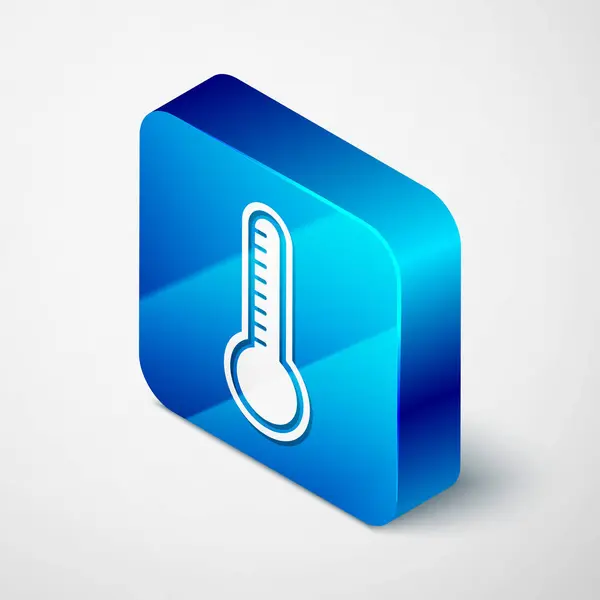 Isometric Meteorology thermometer measuring heat and cold icon isolated on white background. Thermometer equipment showing hot or cold weather. Blue square button. Vector Illustration — 스톡 벡터
