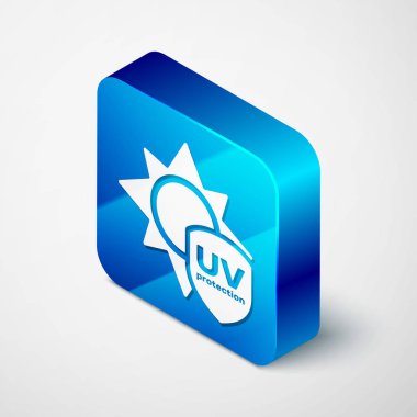 Beyaz arkaplanda Isometric Uv koruma simgesi izole edildi. Güneş ve kalkan. Ultra menekşe ışınları radyasyon. Güneş ışığı işareti. Mavi kare düğme. Vektör İllüstrasyonu