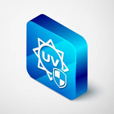 Beyaz arkaplanda Isometric Uv koruma simgesi izole edildi. Güneş ve kalkan. Ultra menekşe ışınları radyasyon. Güneş ışığı işareti. Mavi kare düğme. Vektör İllüstrasyonu