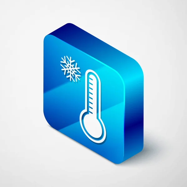 Termômetro de meteorologia isométrica medindo calor e ícone frio isolado em fundo branco. Equipamento termômetro mostrando clima quente ou frio. Botão quadrado azul. Ilustração vetorial —  Vetores de Stock