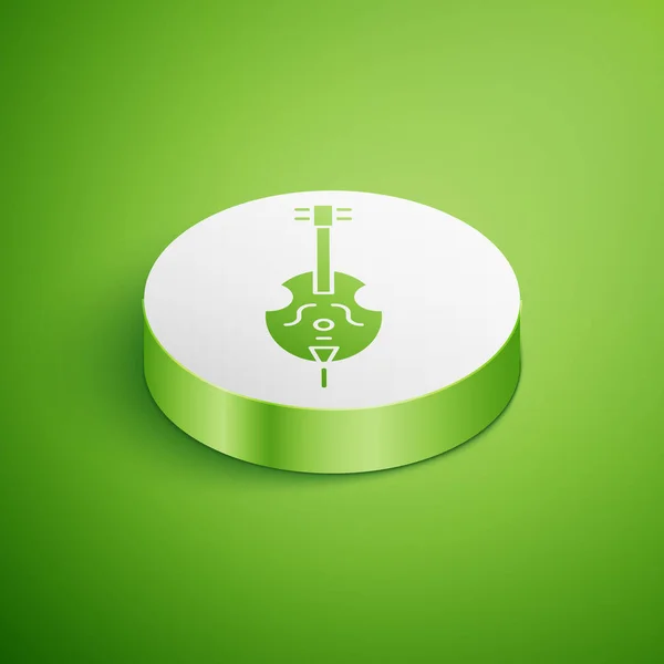 緑色の背景にアイソメトリックバイオリンのアイコン。楽器。白い丸ボタン。ベクターイラスト — ストックベクタ