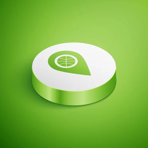 Localização Isométrica com bola de basquete dentro ícone isolado no fundo verde. Botão de círculo branco. Ilustração vetorial — Vetor de Stock