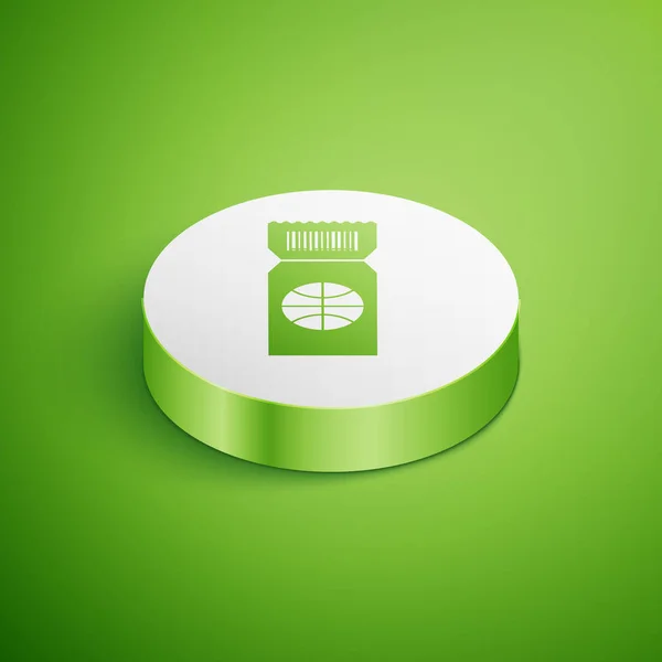 Isometric Koszykówka gry ikona biletu izolowane na zielonym tle. Biały przycisk koła. Ilustracja wektora — Wektor stockowy