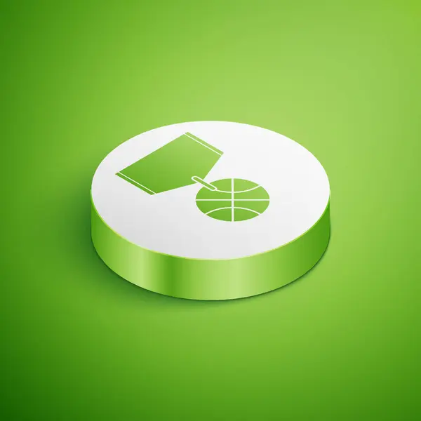 Medalla de baloncesto isométrica con icono de cinta aislada sobre fondo verde. Botón círculo blanco. Ilustración vectorial — Archivo Imágenes Vectoriales