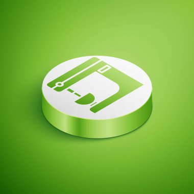 Isometric Elektrik Karıştırıcı simgesi yeşil arkaplanda izole edildi. Mutfak blenderi. Beyaz daire düğmesi. Vektör İllüstrasyonu