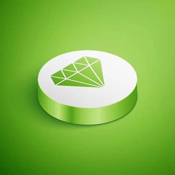 녹색 배경에 격리된 등각투영 다이아몬드 아이콘입니다. 보석 기호입니다. 보석 돌. 흰색 원 버튼. 벡터 일러스트레이션 — 스톡 벡터