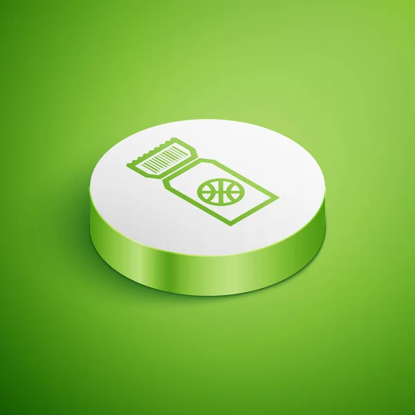 Isométrique icône de billet de jeu de basket-ball isolé sur fond vert. Bouton rond blanc. Illustration vectorielle — Image vectorielle