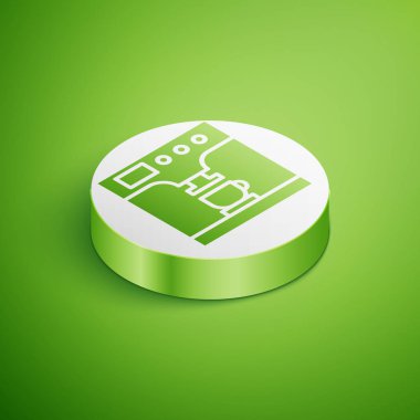 İzometrik Kahve makinesi ve kahve fincanı simgesi yeşil arka plan üzerinde izole. Beyaz daire düğmesi. Vektör İllüstrasyonu