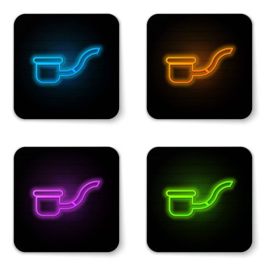 Beyaz arka planda izole edilmiş duman simgesiyle parlayan neon sigara piposu. Tütün piposu. Siyah kare düğme. Vektör İllüstrasyonu