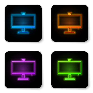 Parlayan neon bilgisayar monitörü simgesi beyaz arkaplanda izole edildi. Bilgisayar bileşeni işareti. Siyah kare düğme. Vektör İllüstrasyonu