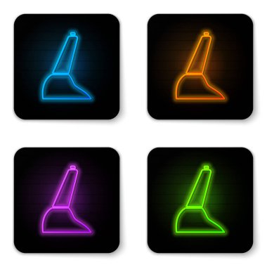 Parlayan neon araba el freni ikonu beyaz arka planda izole edildi. Park freni kolu. Siyah kare düğme. Vektör İllüstrasyonu