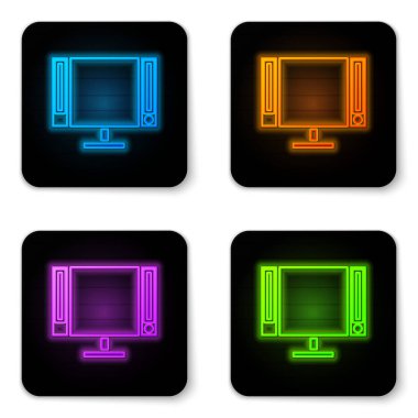 Parlayan neon TV simgesi beyaz arkaplanda izole edildi. Televizyon tabelası. Siyah kare düğme. Vektör İllüstrasyonu