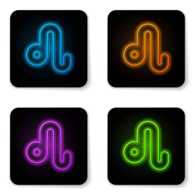 Parlayan neon Leo burç simgesi beyaz arkaplanda izole edildi. Astrolojik yıldız falı koleksiyonu. Siyah kare düğme. Vektör İllüstrasyonu