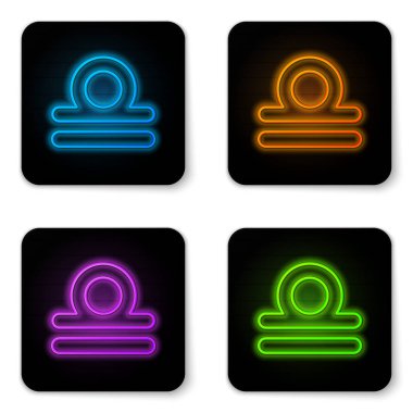 Parlayan neon rengi Terazi burç simgesi beyaz arkaplanda izole edilmiş. Astrolojik yıldız falı koleksiyonu. Siyah kare düğme. Vektör İllüstrasyonu