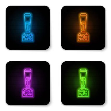 Beyaz arka planda yalıtılmış parlayan neon Blender simgesi. Kase ile Mutfak elektrik sabit karıştırıcı. Pişirme smoothies, kokteyl veya meyve suyu. Siyah kare düğme. Vektör İllüstrasyonu