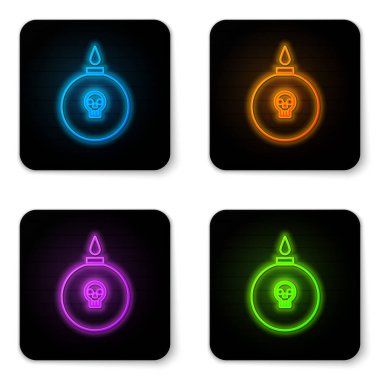 Parlayan neon Bomba beyaz arka plan üzerinde izole simgesi patlamaya hazır. Siyah kare düğme. Vektör İllüstrasyonu
