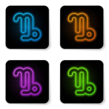 Parlayan neon Oğlak burcu simgesi beyaz arkaplanda izole edilmiş. Astrolojik yıldız falı koleksiyonu. Siyah kare düğme. Vektör İllüstrasyonu