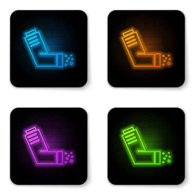 Parlayan neon solunum aygıtı simgesi beyaz arkaplanda izole edildi. Öksürük şurubu, solunum, alerjik hasta. Tıbbi alerji astım spreyi. Siyah kare düğme. Vektör İllüstrasyonu
