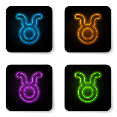 Parlayan neon rengi Taurus burç simgesi beyaz arkaplanda izole edilmiş. Astrolojik yıldız falı koleksiyonu. Siyah kare düğme. Vektör İllüstrasyonu