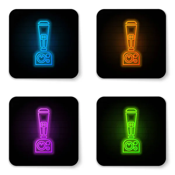 Leuchtende Neon-Mixer-Symbol isoliert auf weißem Hintergrund. elektrischer Küchenmixer mit Schüssel. Smoothies, Cocktails oder Saft kochen. schwarzer quadratischer Knopf. Vektorillustration — Stockvektor