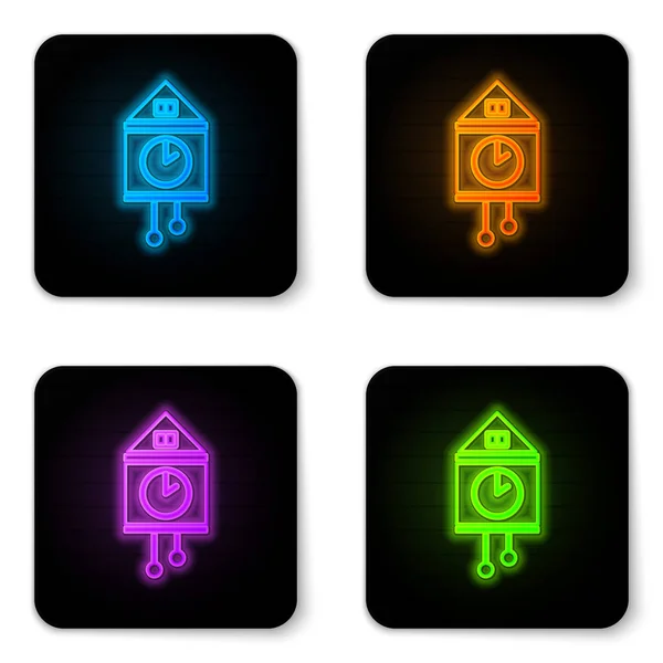 Glowing neon Retro wall watch icon isolated on white background. Cuckoo clock sign. Antique pendulum clock. Black square button. Vector Illustration — Stock Vector