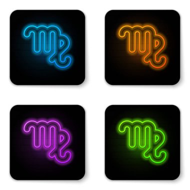 Parlayan neon başak burcu simgesi beyaz arkaplanda izole edilmiş. Astrolojik yıldız falı koleksiyonu. Siyah kare düğme. Vektör İllüstrasyonu