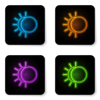 Parlayan neon tutulması beyaz arkaplanda izole edilmiş güneş ikonu. Tam sonar tutulması. Siyah kare düğme. Vektör İllüstrasyonu