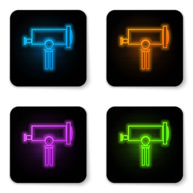 Parlayan neon teleskop simgesi beyaz arkaplanda izole edildi. Bilimsel bir alet. Eğitim ve astronomi elementi, dürbün ve çalışma yıldızları. Siyah kare düğme. Vektör İllüstrasyonu