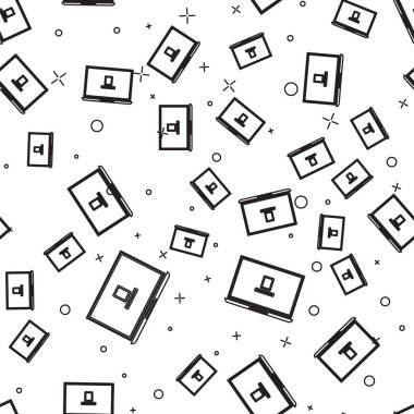 Siyah çizgi dizüstü bilgisayar simgesi beyaz arkaplandaki kusursuz deseni izole etti. Boş ekran işaretli bilgisayar defteri. Vektör İllüstrasyonu