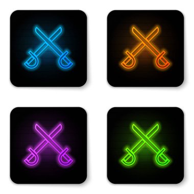 Parlayan neon kaplı korsan kılıcı simgesi beyaz arka planda izole edildi. Kılıç işareti. Siyah kare düğme. Vektör İllüstrasyonu
