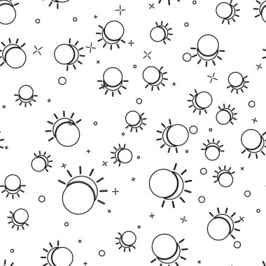 Siyah çizgi Eclipse güneş simgesi beyaz arka plan üzerinde dikişsiz desen izole. Tam bir sonar tutulması. Vektör İllüstrasyonu