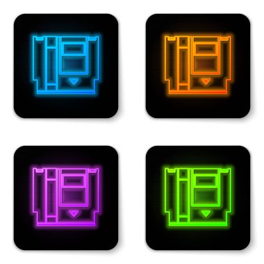 Retro oyun konsolu simgesi için parlayan neon kartuşu beyaz arkaplanda izole edildi. Televizyon oyunu kartuşu. Siyah kare düğme. Vektör İllüstrasyonu