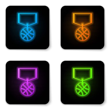 Beyaz arka planda izole edilmiş kurdele ikonu olan parlak neon basketbol madalyası. Siyah kare düğme. Vektör İllüstrasyonu