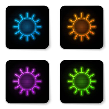 Beyaz arka planda izole parlayan neon Güneş simgesi. Siyah kare düğme. Vektör İllüstrasyonu