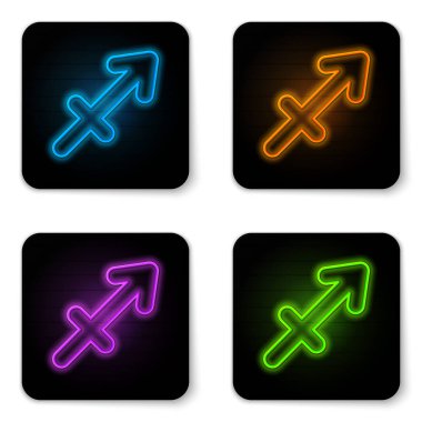 Parlayan neon yay burç simgesi beyaz arkaplanda izole edilmiş. Astrolojik yıldız falı koleksiyonu. Siyah kare düğme. Vektör İllüstrasyonu
