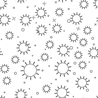 Siyah çizgi Güneş simgesi beyaz arka plan üzerinde sorunsuz desen izole. Vektör İllüstrasyonu