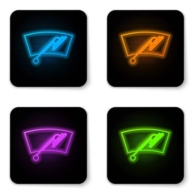 Parlayan neon silecek simgesi beyaz arkaplanda izole edildi. Siyah kare düğme. Vektör İllüstrasyonu